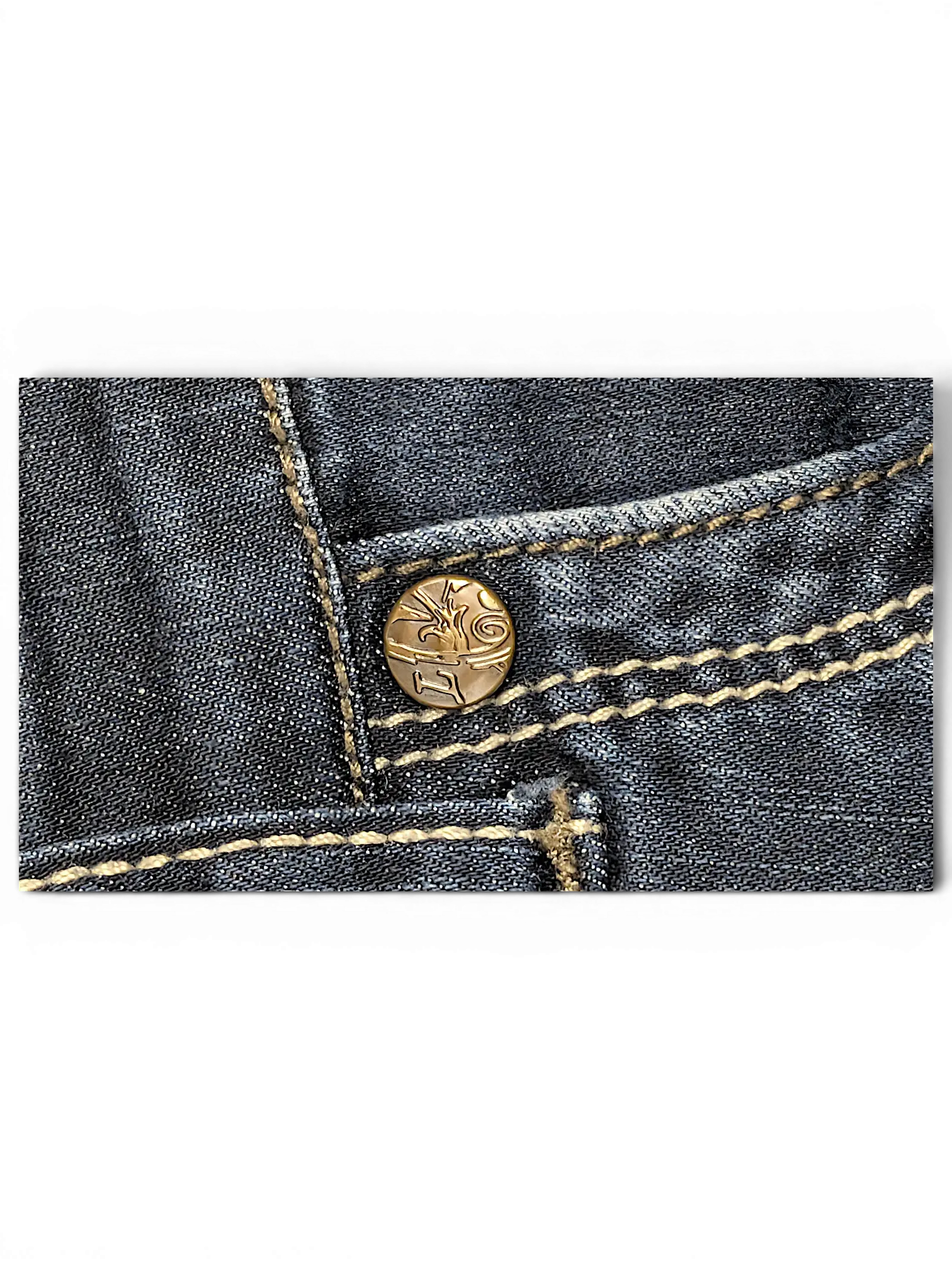 JAKE & IPI Lois Jane dark wash denim jeans featuring a branded gold-tone metal button and contrast stitching.