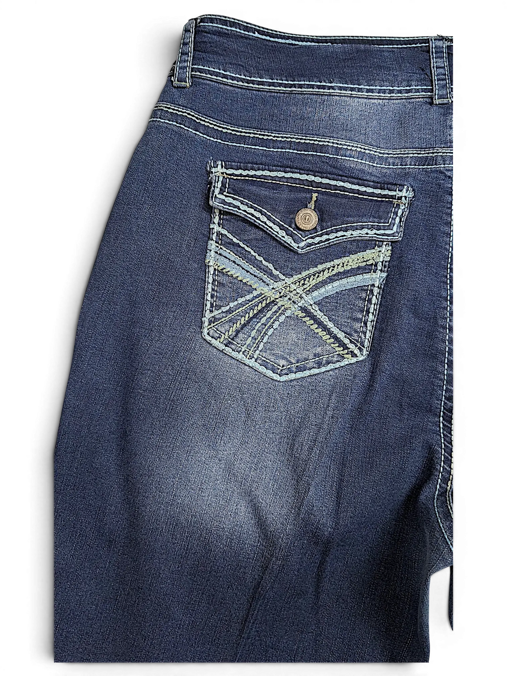 JAKE & IPI Wallflower Plus Long 20 dark wash denim jeans featuring decorative stitched back pockets with button flap