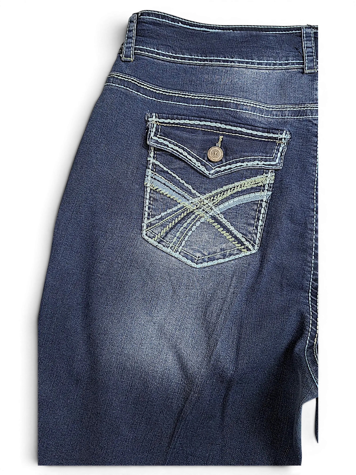 JAKE & IPI Wallflower Plus Long 20 dark wash denim jeans featuring decorative stitched back pockets with button flap