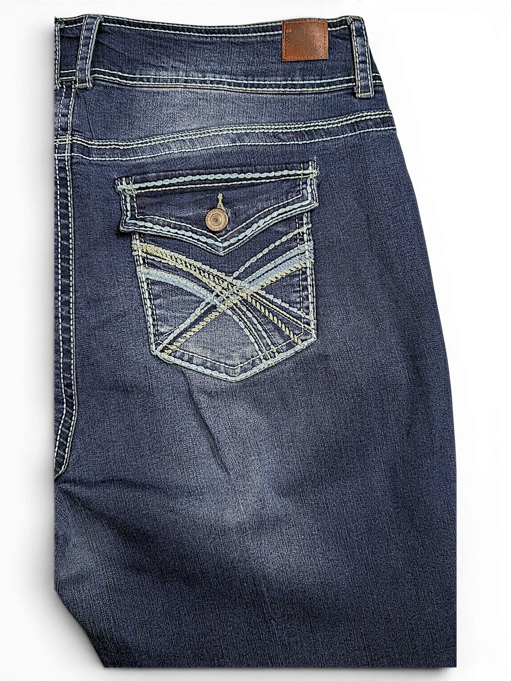 JAKE & IPI Wallflower Plus Long 20 dark wash denim jeans featuring back pockets with decorative cross-stitch detail