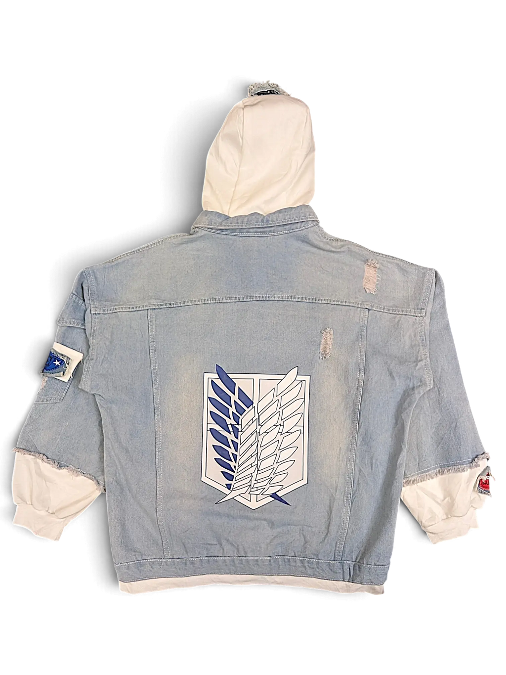 JAKE & IPI light wash denim jacket with white hood, distressed details, and Attack on Titan back graphic