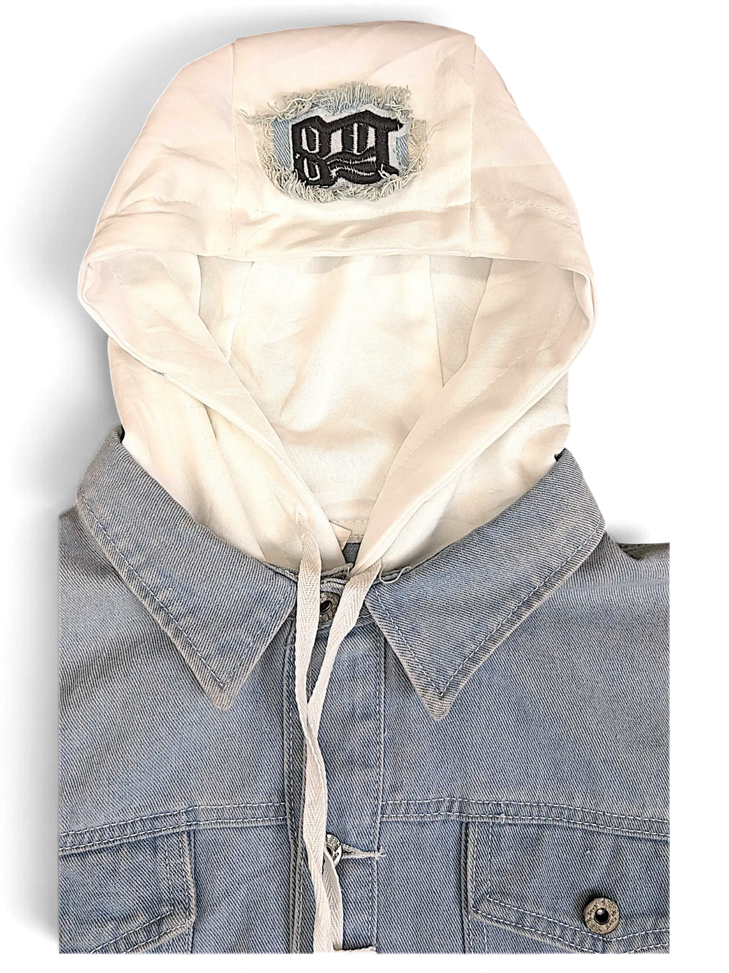 JAKE & IPI light blue denim jacket with a white attached hood featuring a distressed embroidered logo patch