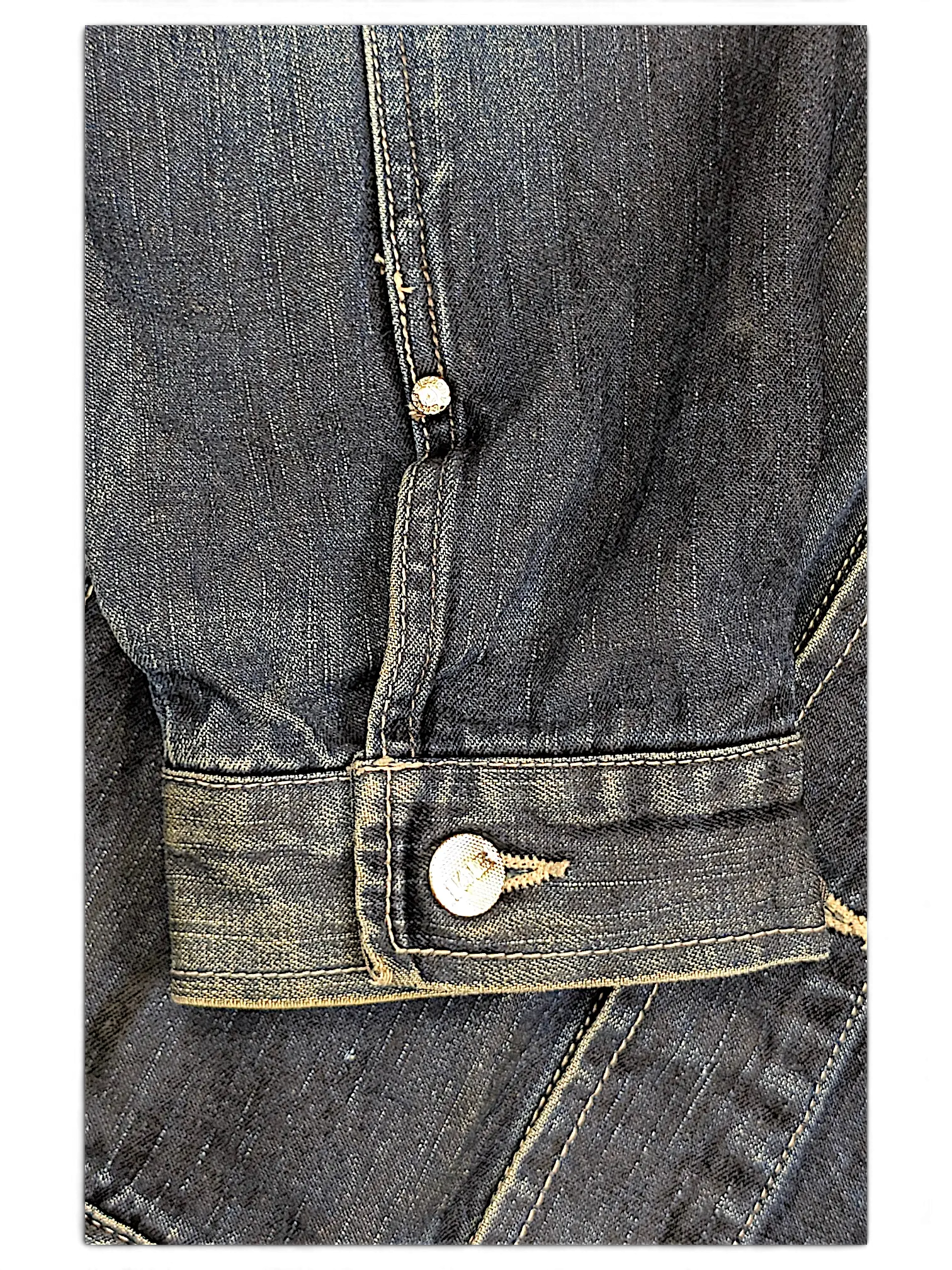 JAKE & IPI Johnny Blaze dark wash denim jacket sleeve with metallic button detail and subtle rhinestone accent