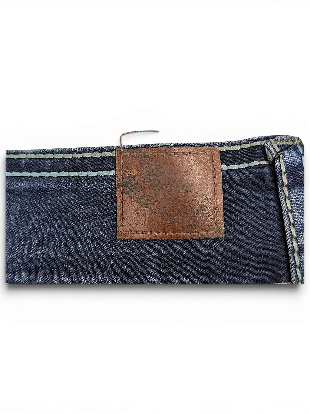JAKE & IPI Wallflower Plus Long 20 dark blue denim jeans featuring a brown leather back waist patch and contrast stitching