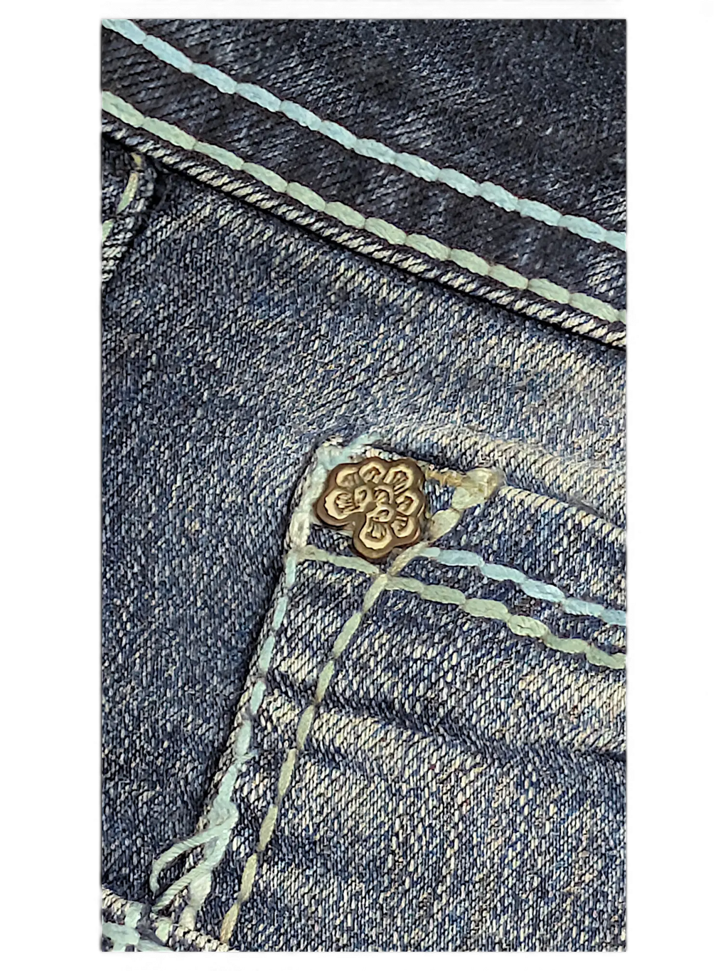 JAKE & IPI Wallflower Plus Long 20 dark blue denim jeans featuring a decorative bronze flower rivet and teal stitching