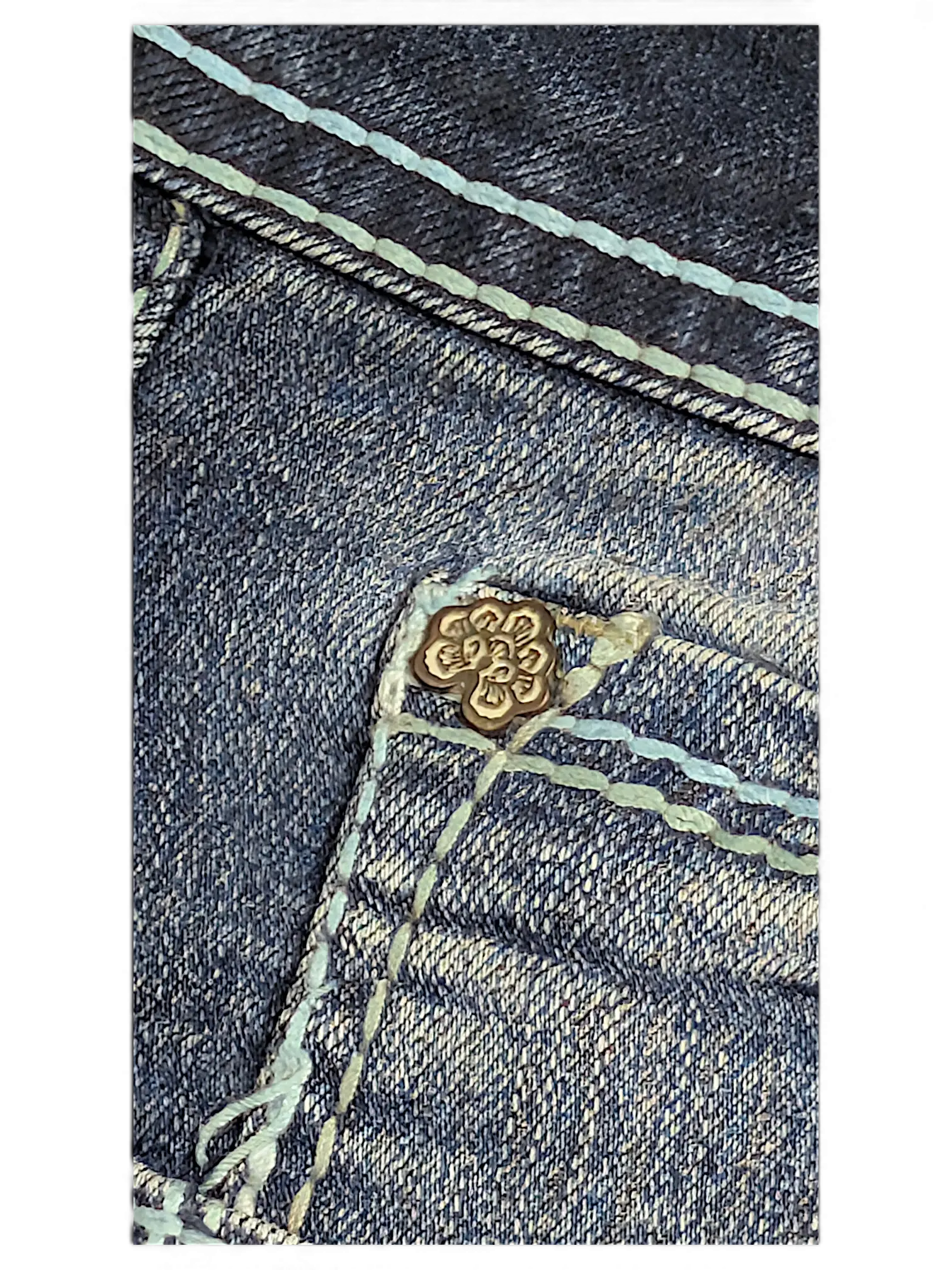 JAKE & IPI Wallflower Plus Long 20 dark blue denim jeans featuring a decorative bronze flower rivet and teal stitching