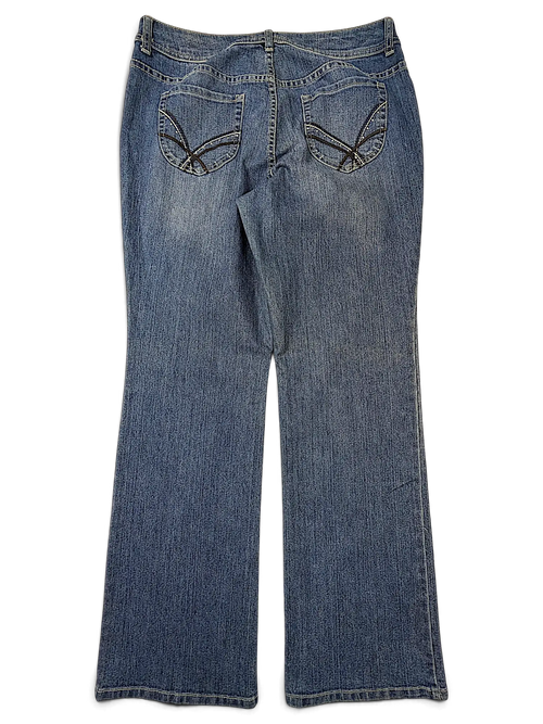Back view of JAKE & IPI Additions by Chico's blue denim shorts with decorative stitching on the back pockets.