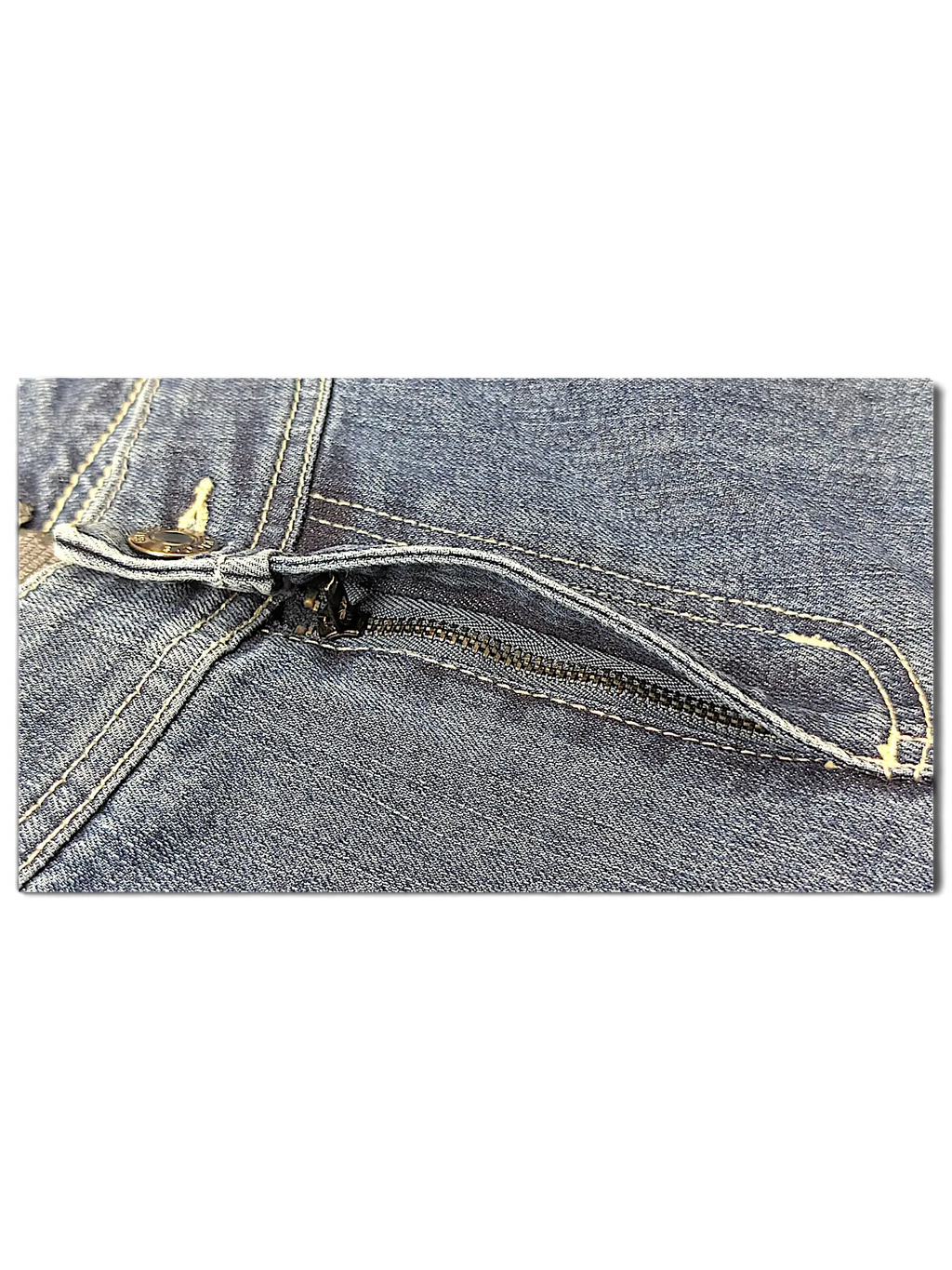 JAKE & IPI Additions by Chico's blue denim shorts featuring a zippered pocket and contrast stitching detail.