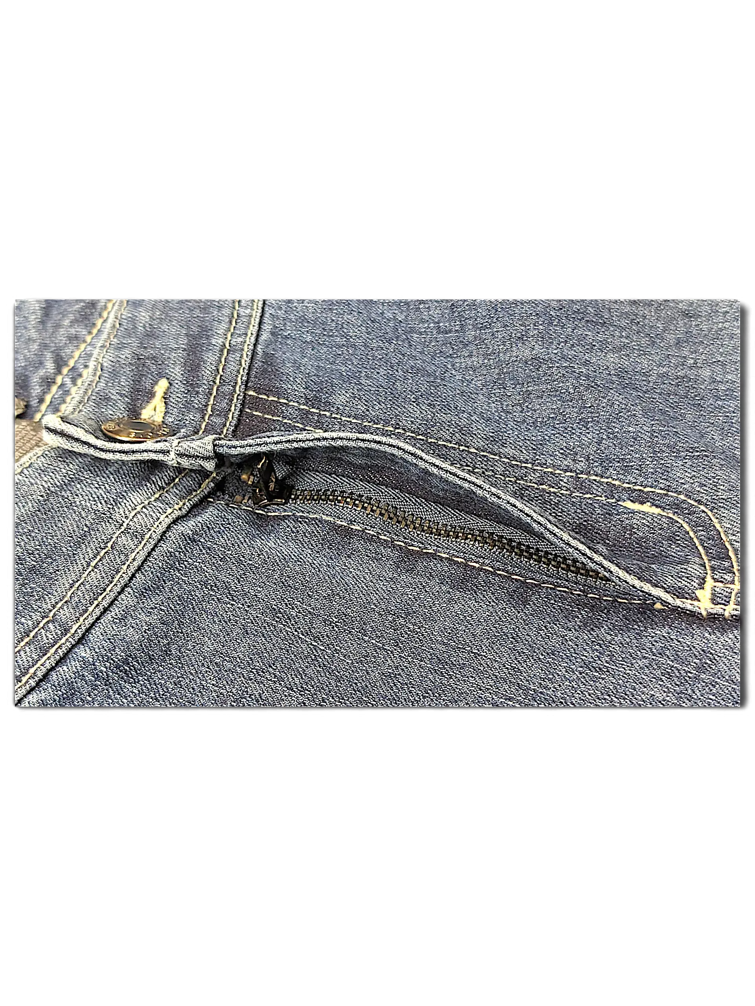 JAKE & IPI Additions by Chico's blue denim shorts featuring a zippered pocket and contrast stitching detail.