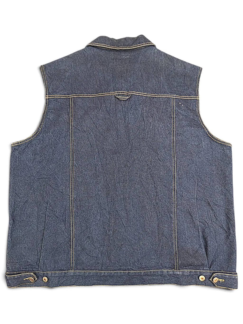 Back view of a JAKE & IPI Vibes denim vest in dark blue with contrast stitching and adjustable waist buttons