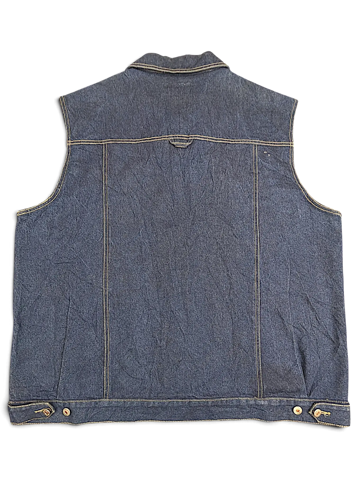 Back view of a JAKE & IPI Vibes denim vest in dark blue with contrast stitching and adjustable waist buttons