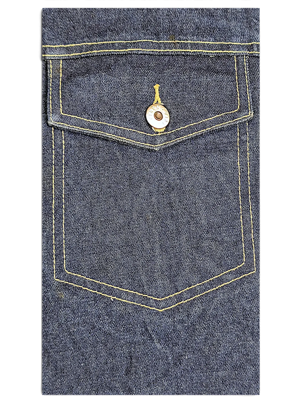 JAKE & IPI Vibes denim vest featuring a dark blue chest pocket with contrasting yellow stitching and a metal button.