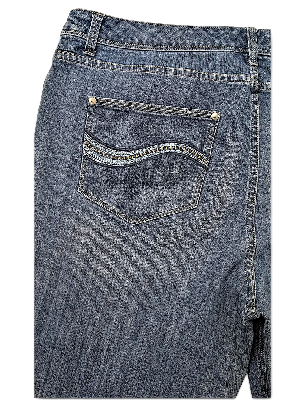 JAKE & IPI Denver Hayes blue denim jeans featuring a back pocket with decorative wavy stitching and silver rivets.