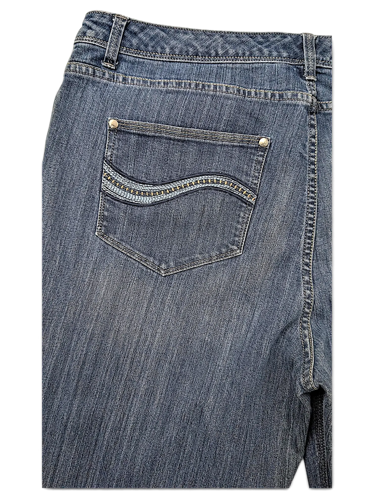 JAKE & IPI Denver Hayes blue denim jeans featuring a back pocket with decorative wavy stitching and silver rivets.