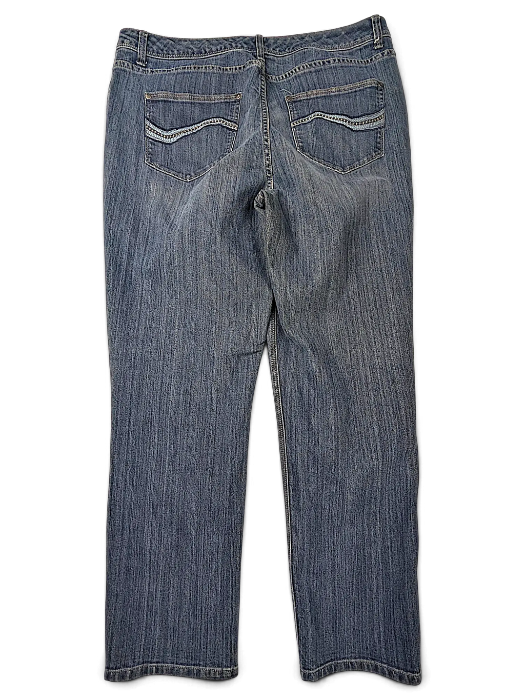 Back view of JAKE & IPI Denver Hayes blue denim jeans with stitched pocket detailing