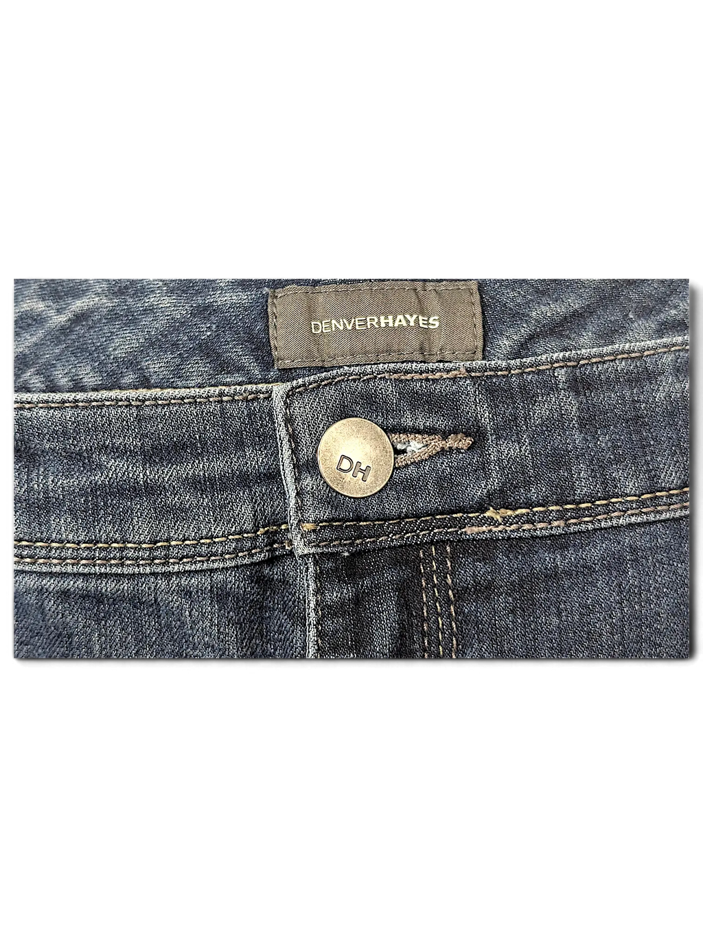 JAKE & IPI Denver Hayes dark wash denim jeans featuring a branded DH metal button and interior waistband label