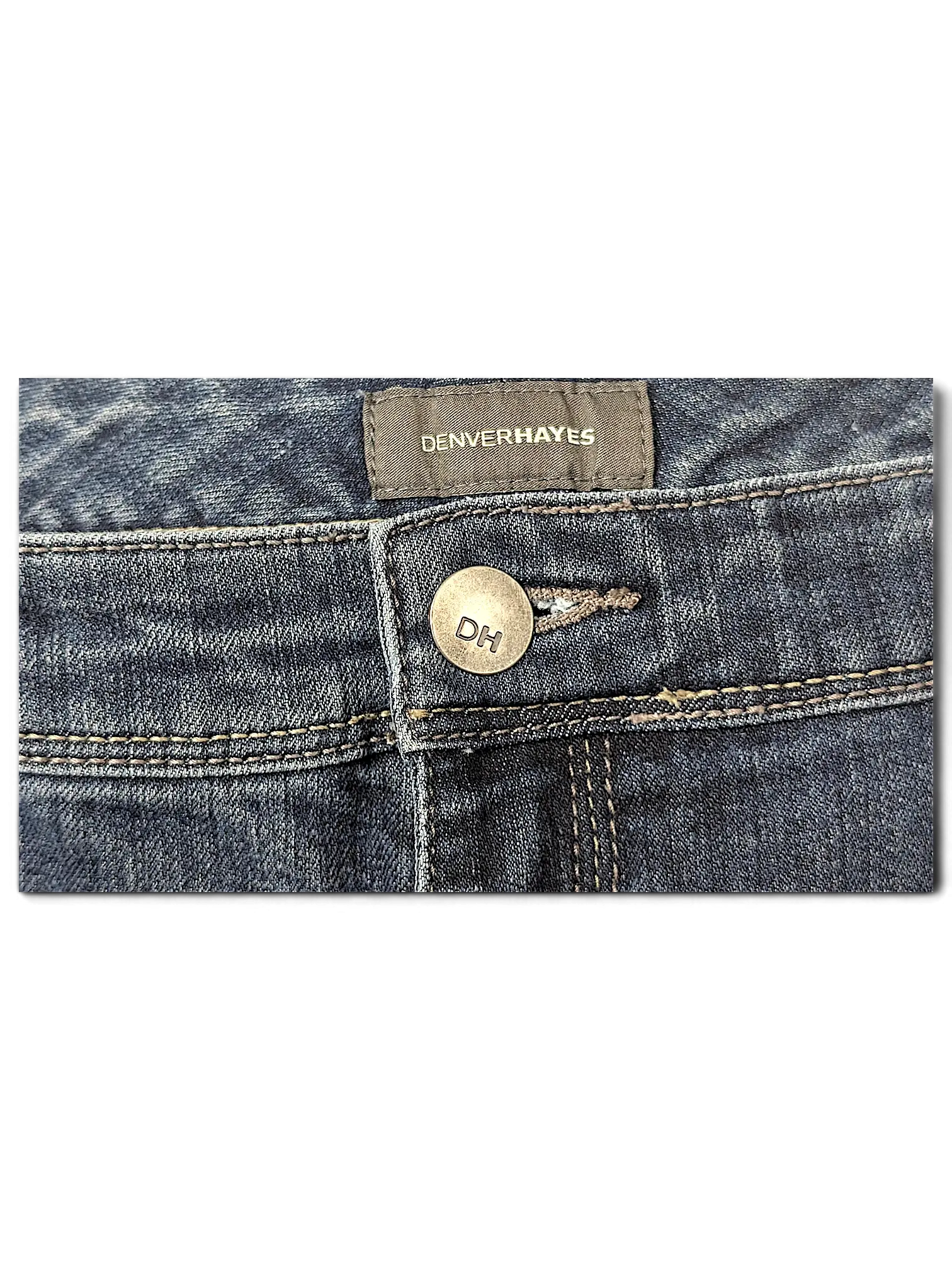 JAKE & IPI Denver Hayes dark wash denim jeans featuring a branded DH metal button and interior waistband label