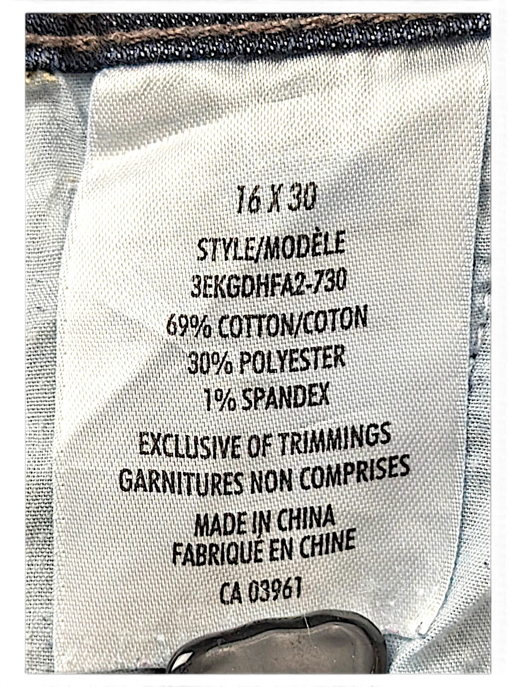 JAKE & IPI Denver Hayes jeans size 16x30 clothing label showing cotton polyester spandex blend fabric composition