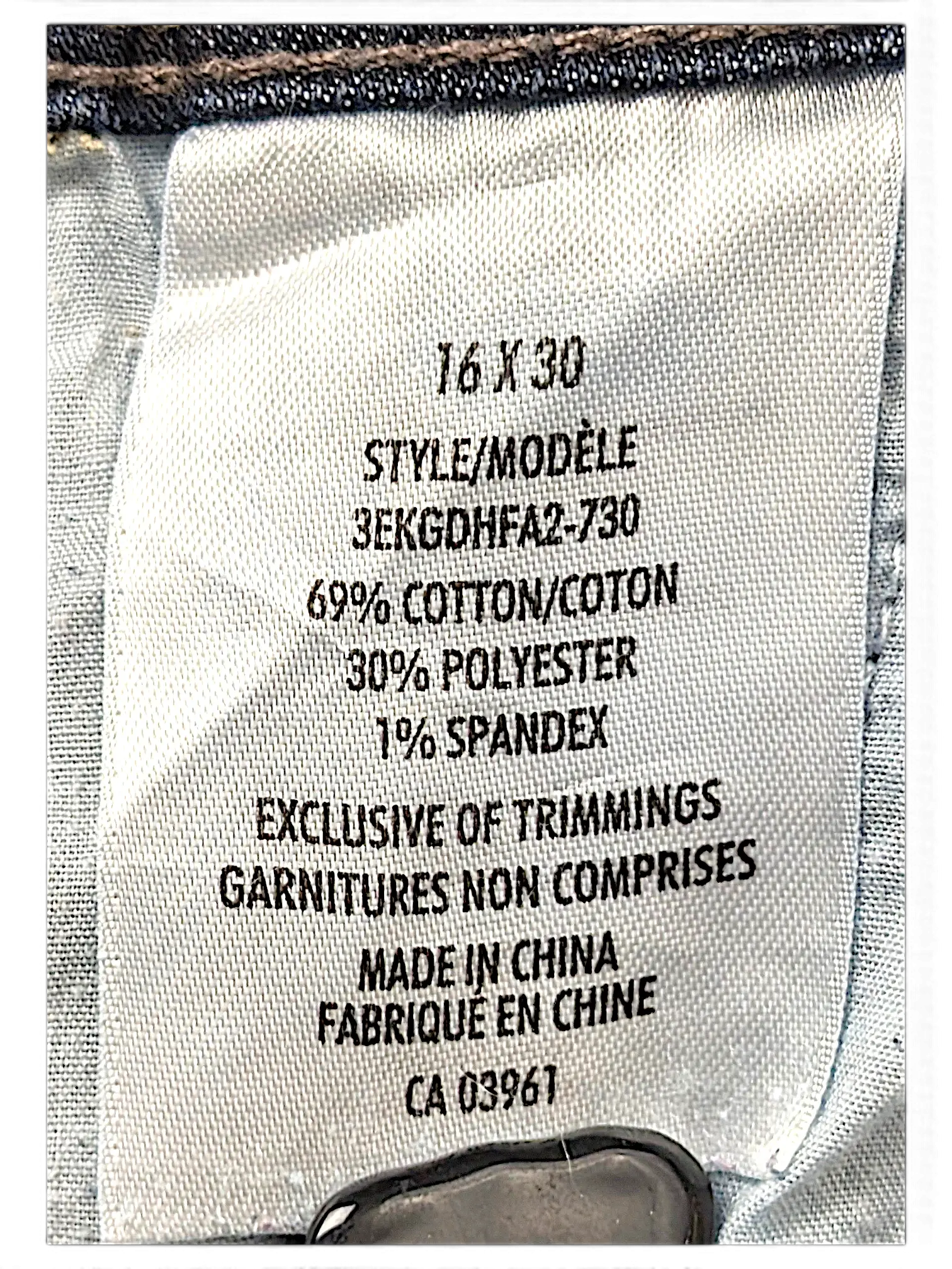 JAKE & IPI Denver Hayes jeans size 16x30 clothing label showing cotton polyester spandex blend fabric composition
