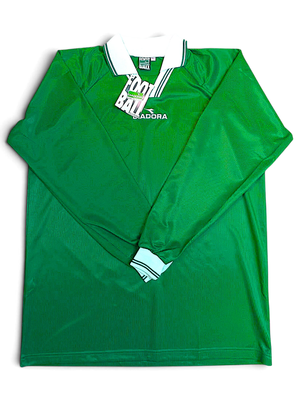 JAKE & IPI deadstock 1990s Diadora Roma green and white long-sleeve football shirt, front view