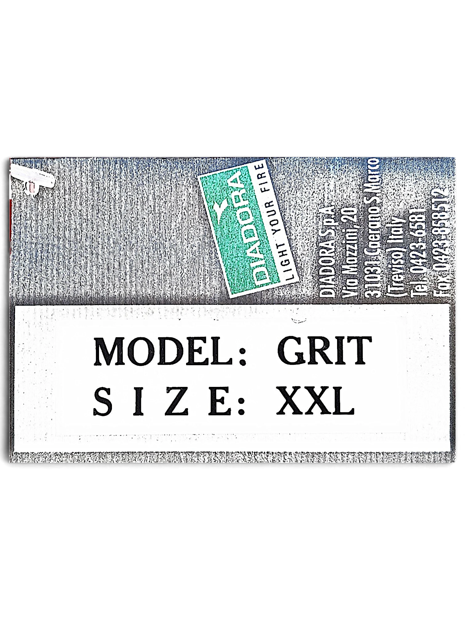 JAKE & IPI Diadora product tag showing Grit model and size XXL