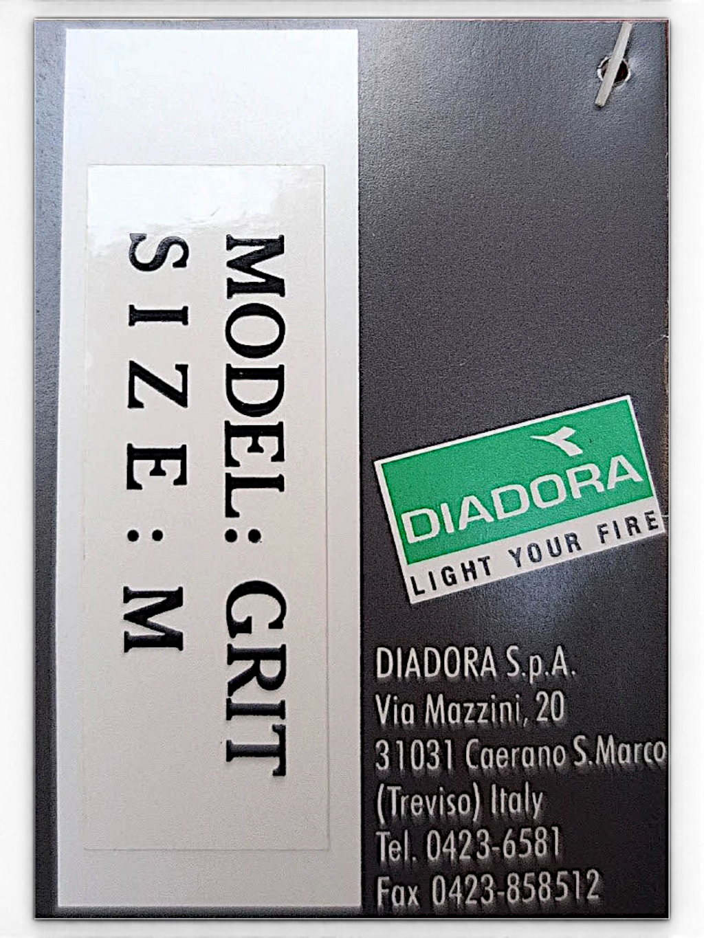 JAKE & IPI Diadora product tag showing Grit model and size M