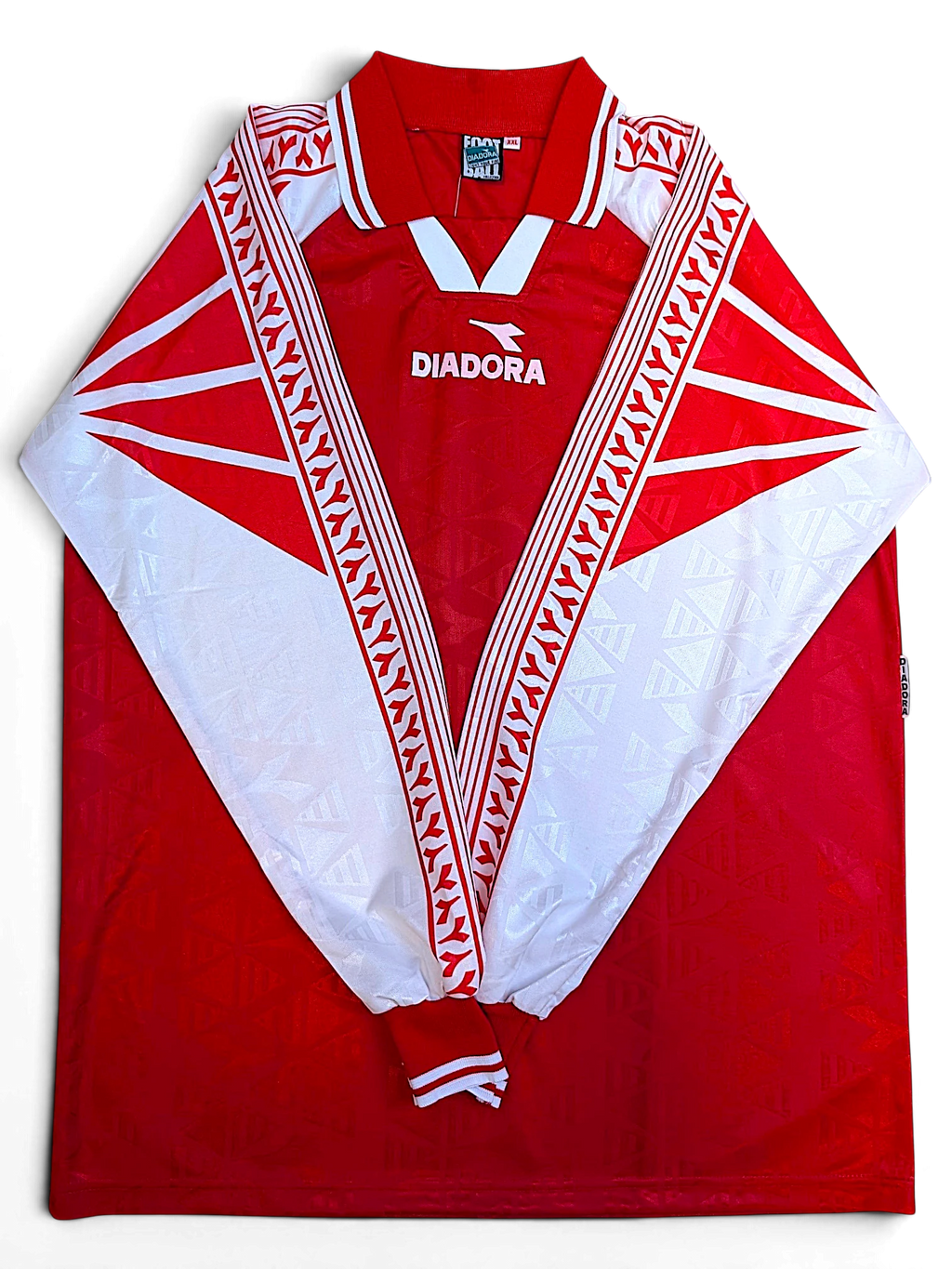 JAKE & IPI deadstock 1990s Diadora Grit red and white long-sleeve football jersey, front view