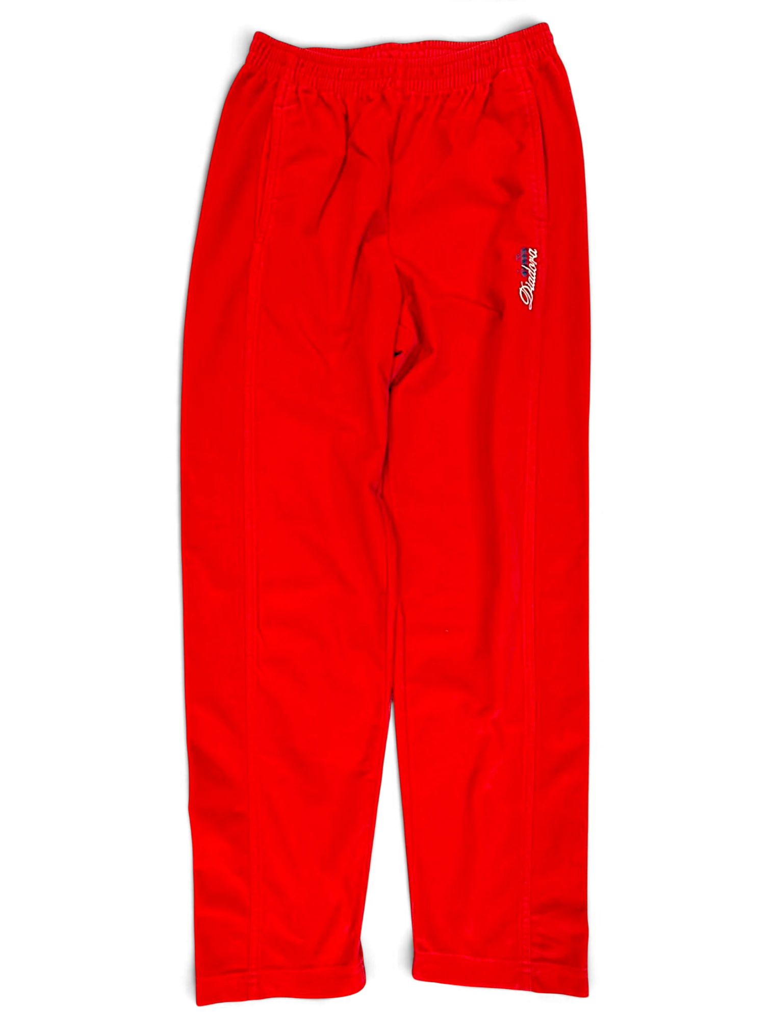 JAKE & IPI pre-owned Diadora red track pants with a relaxed fit and contrast logo detailing, size XS.