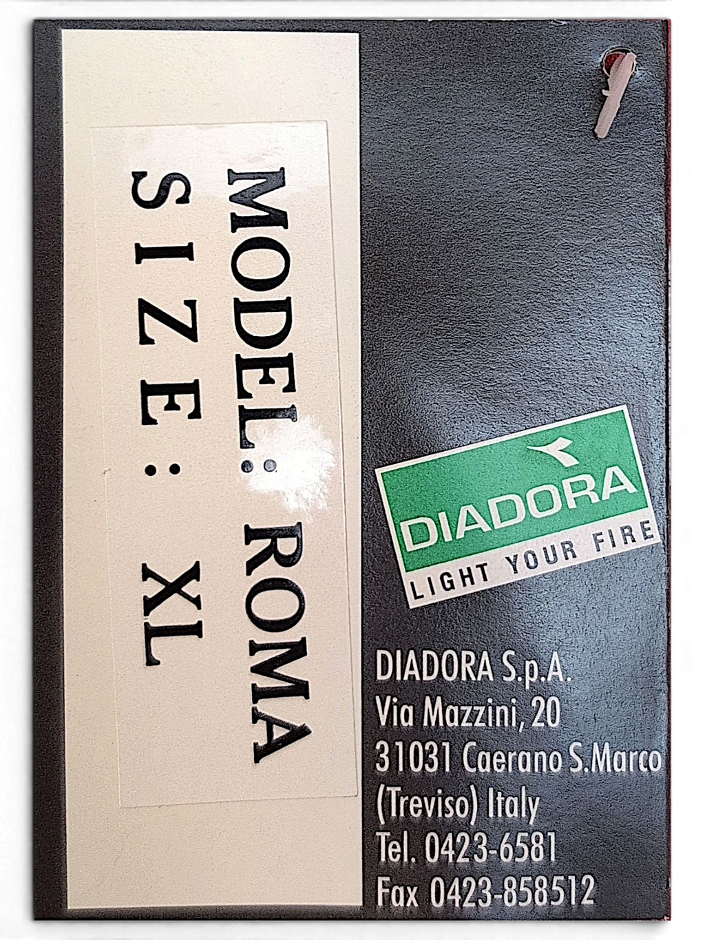 JAKE & IPI Diadora product tag showing Roma model and size XL