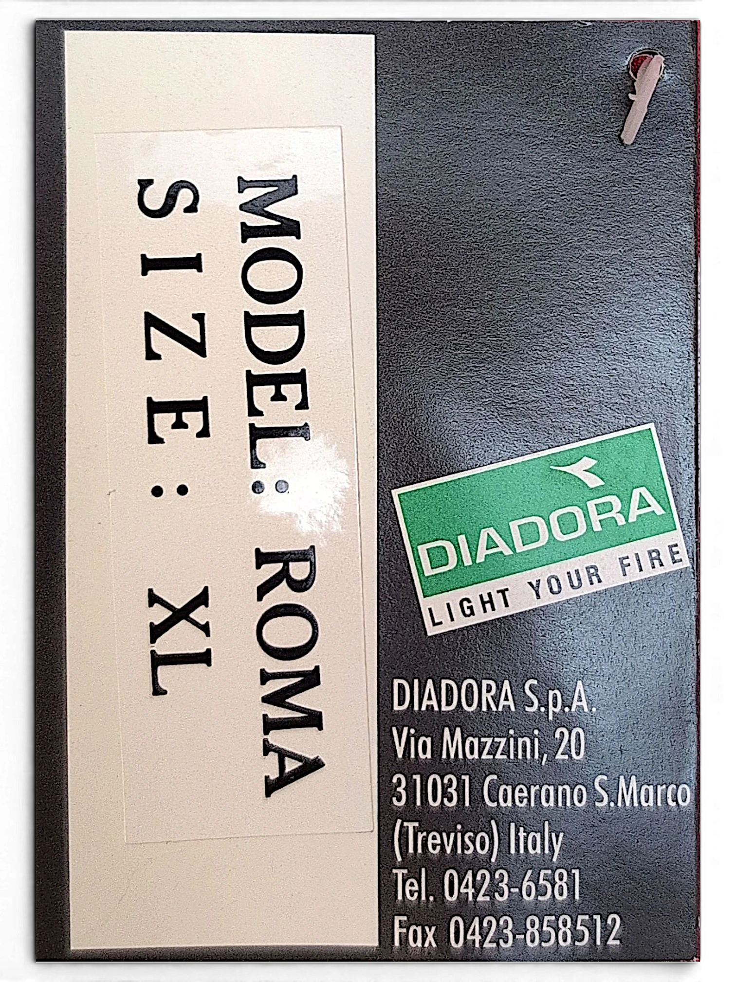 JAKE & IPI Diadora product tag showing Roma model and size XL