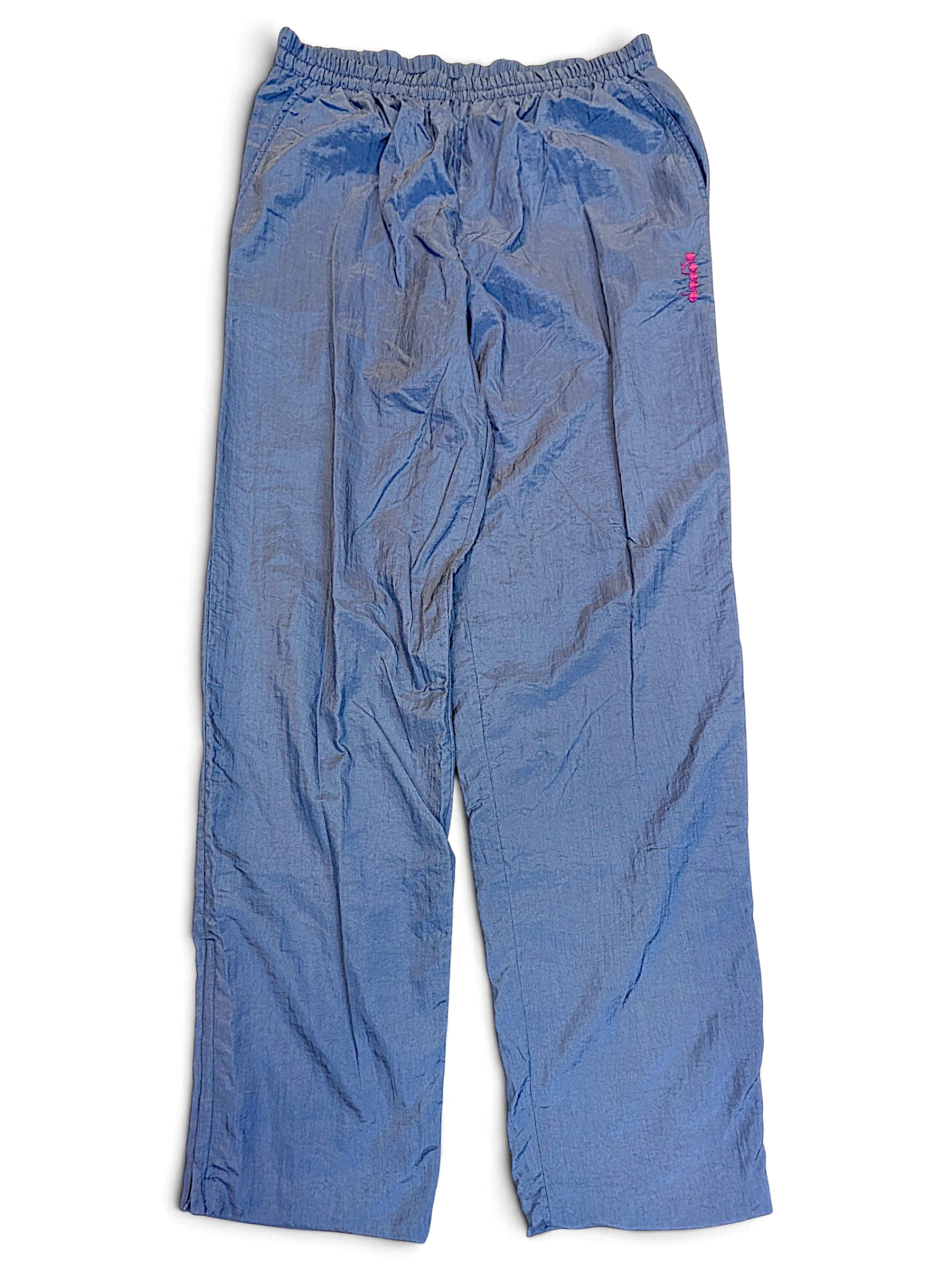 JAKE & IPI pre-owned Diadora light blue track pants with a shiny finish and embroidered branding on the hip.