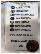 JAKE & IPI Dickies trousers care label showing 100% cotton composition and size 28