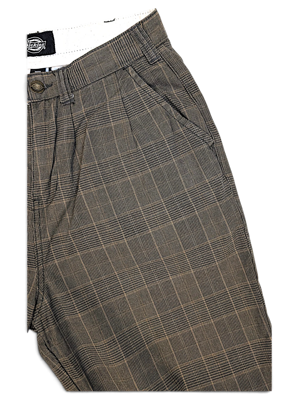 JAKE & IPI pre-owned Dickies grey plaid pleated trousers with a relaxed fit and button closure.