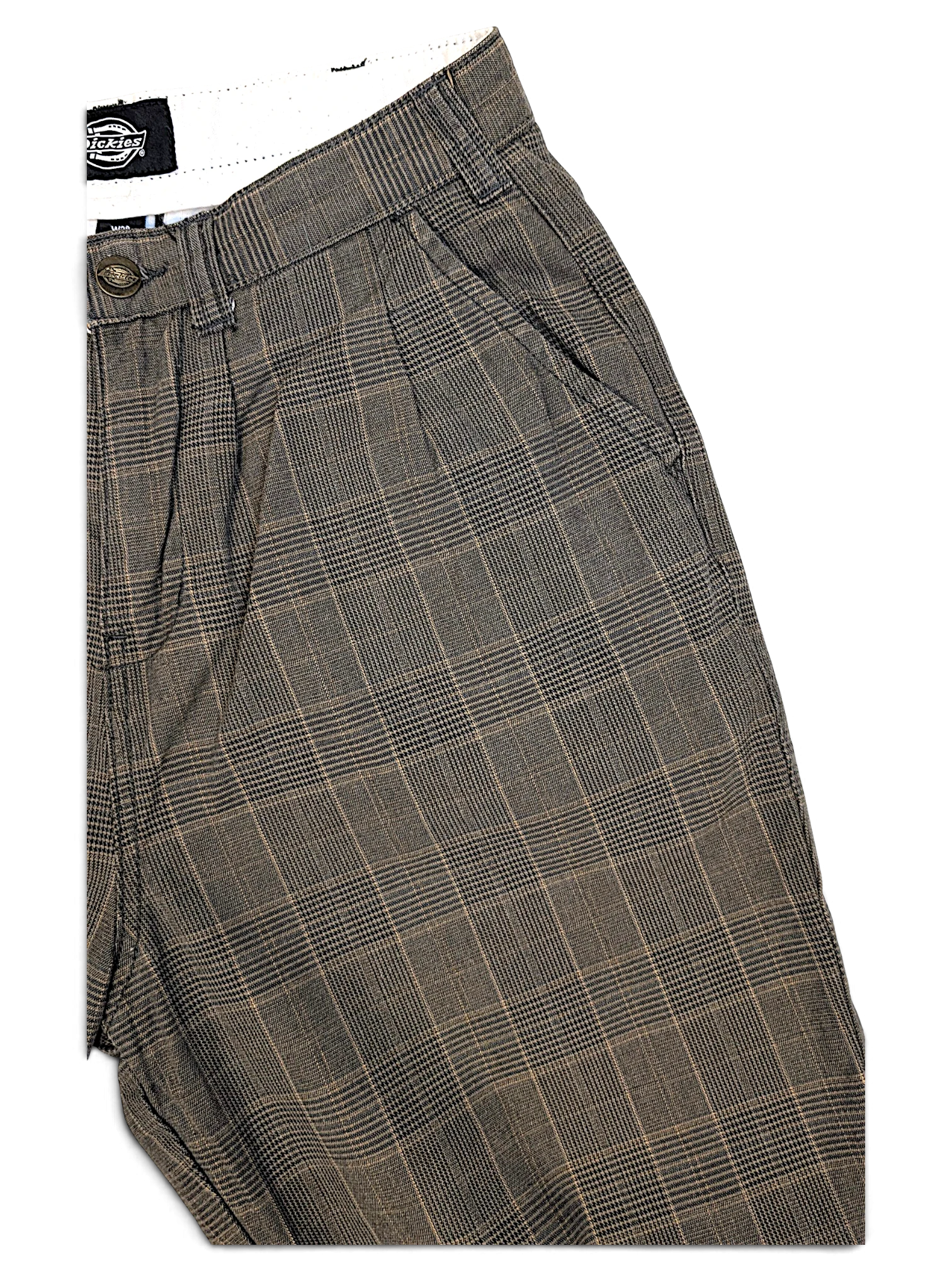 JAKE & IPI pre-owned Dickies grey plaid pleated trousers with a relaxed fit and button closure.