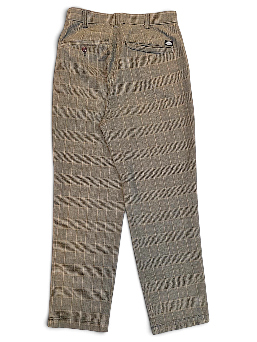 Back view of JAKE & IPI Dickies grey plaid pleated trousers with a relaxed leg and buttoned back pockets.
