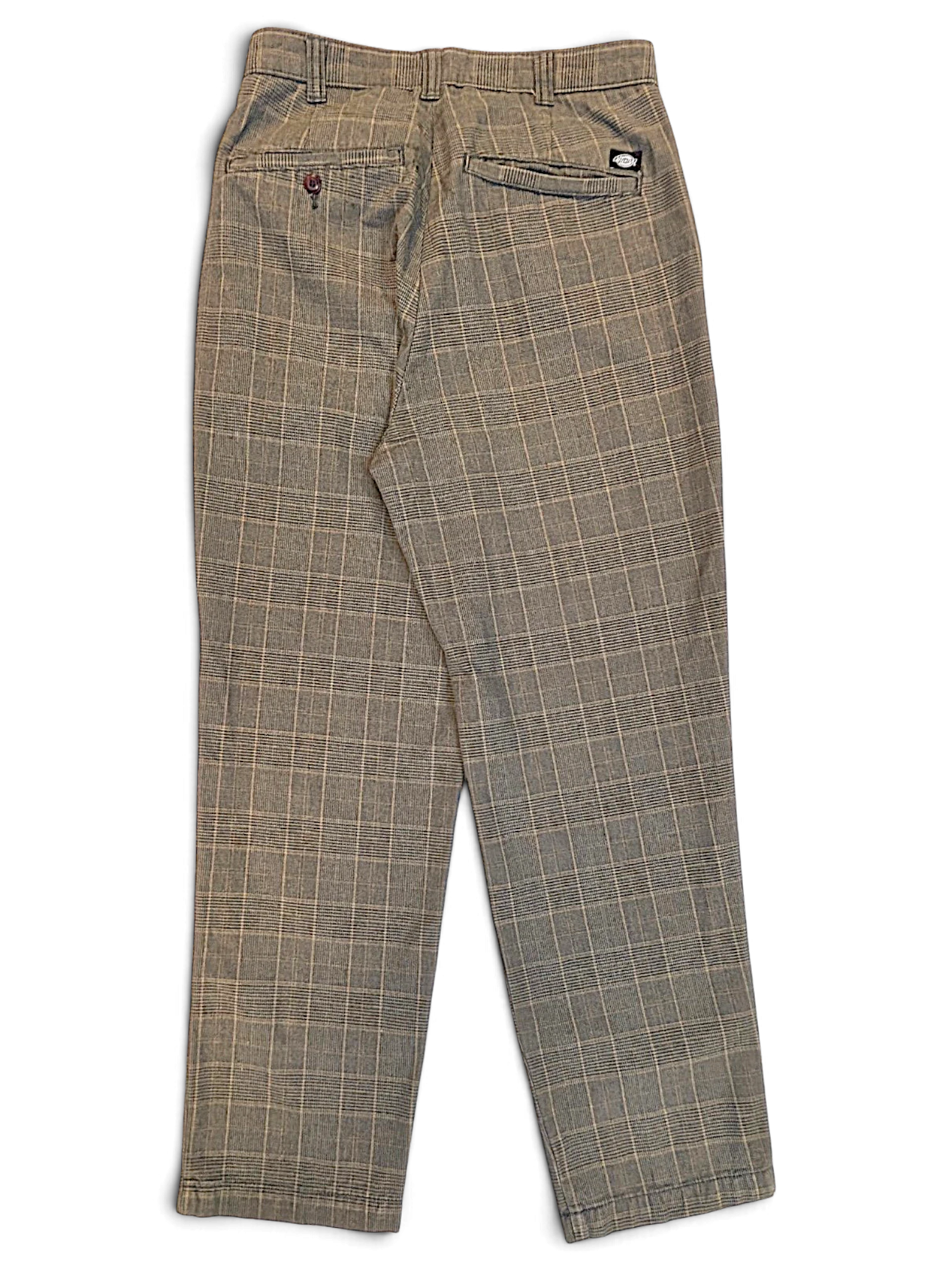 Back view of JAKE & IPI Dickies grey plaid pleated trousers with a relaxed leg and buttoned back pockets.