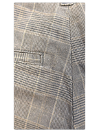 Close-up of JAKE & IPI Dickies grey plaid pleated trousers showing the textured fabric and pocket detail.