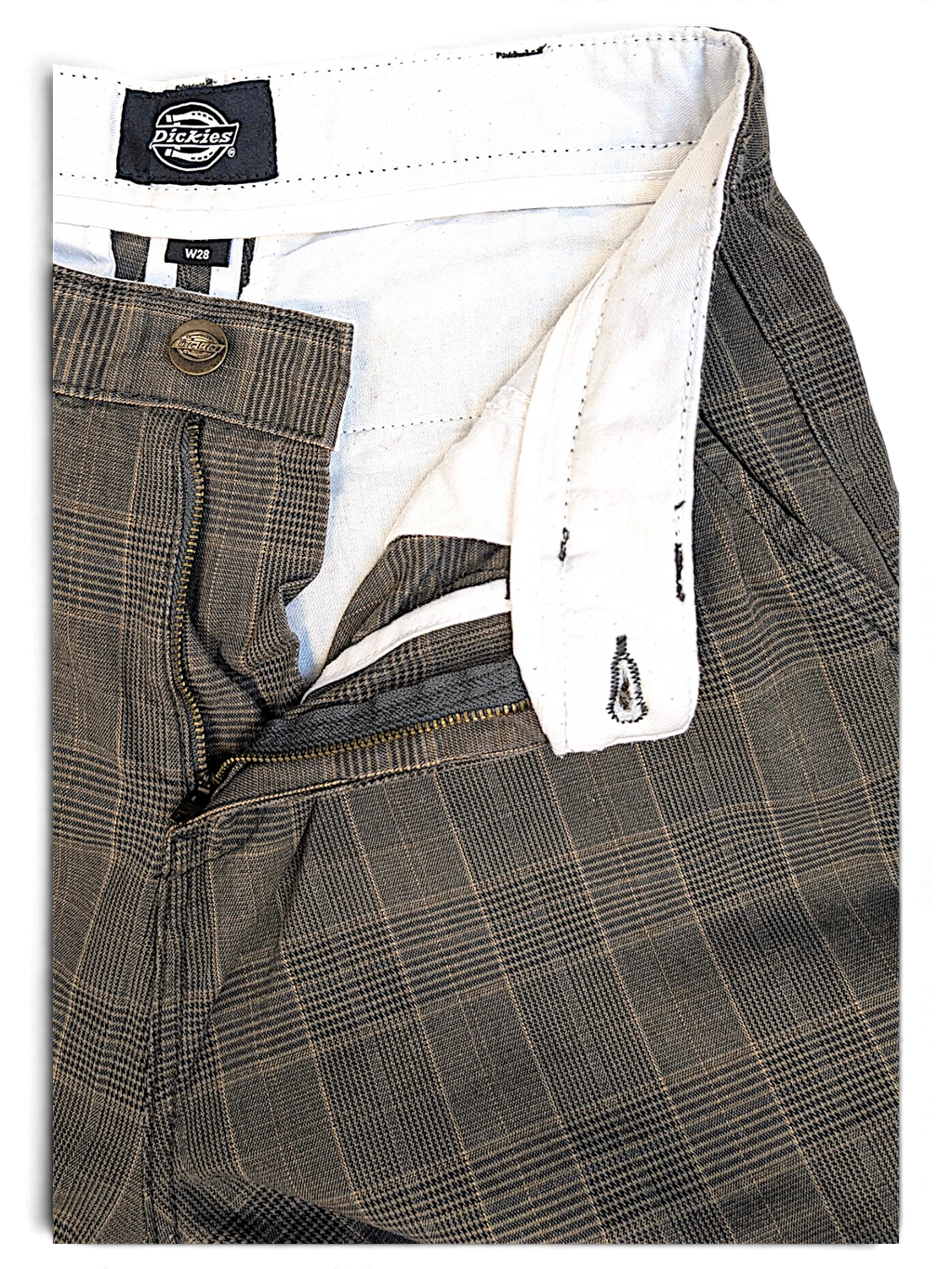 JAKE & IPI pre-owned Dickies grey plaid pleated trousers with a metal button fly and internal brand label