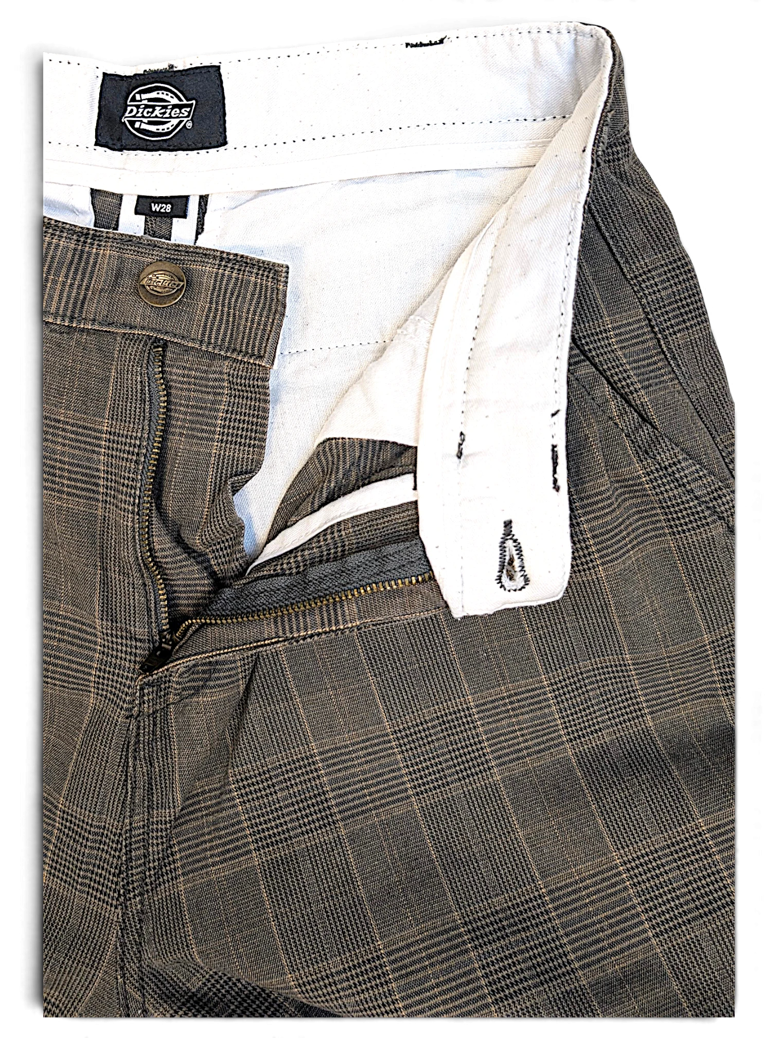 JAKE & IPI pre-owned Dickies grey plaid pleated trousers with a metal button fly and internal brand label