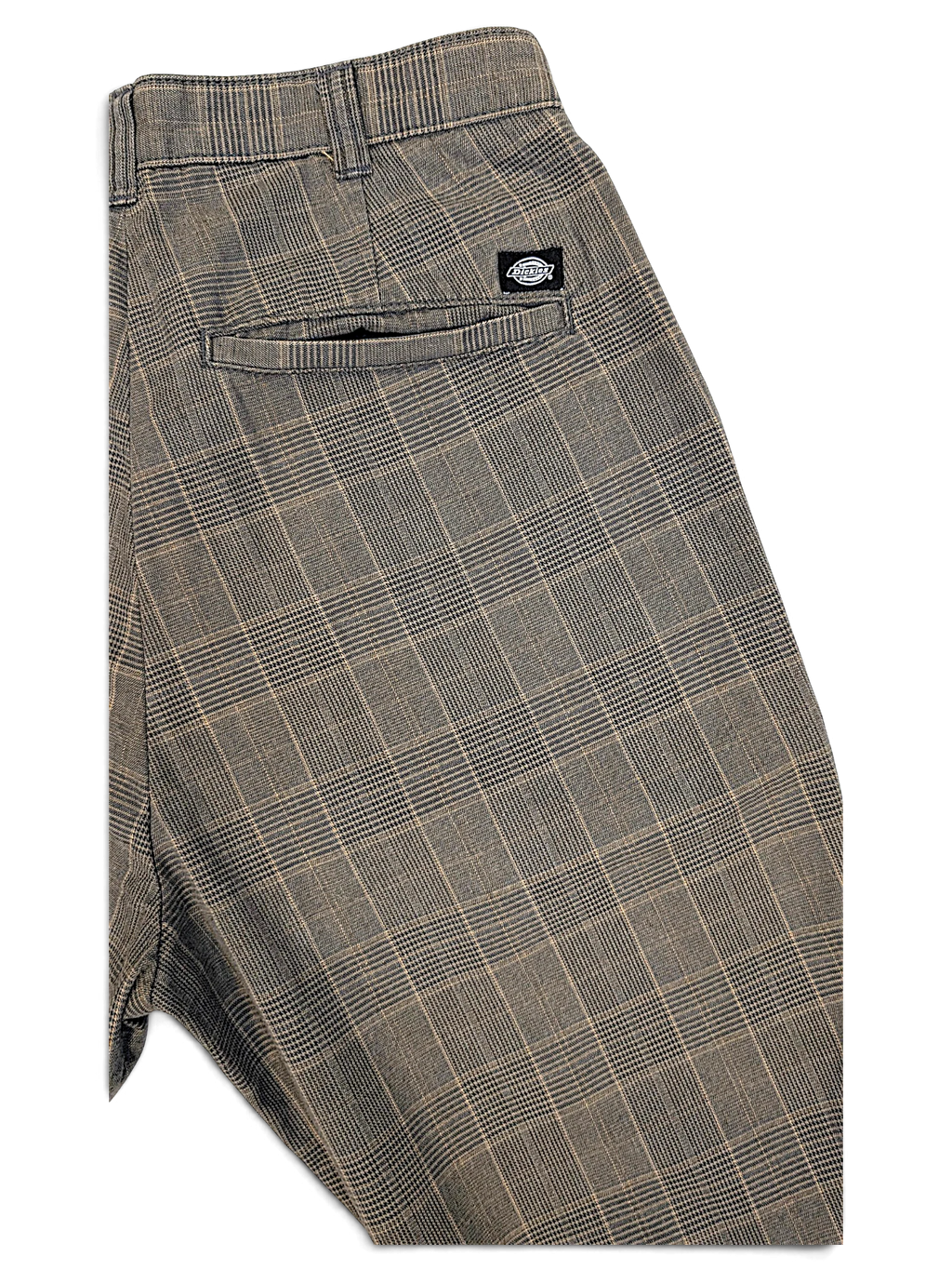 JAKE & IPI Dickies grey plaid pleated trousers featuring a back pocket with the iconic Dickies logo patch