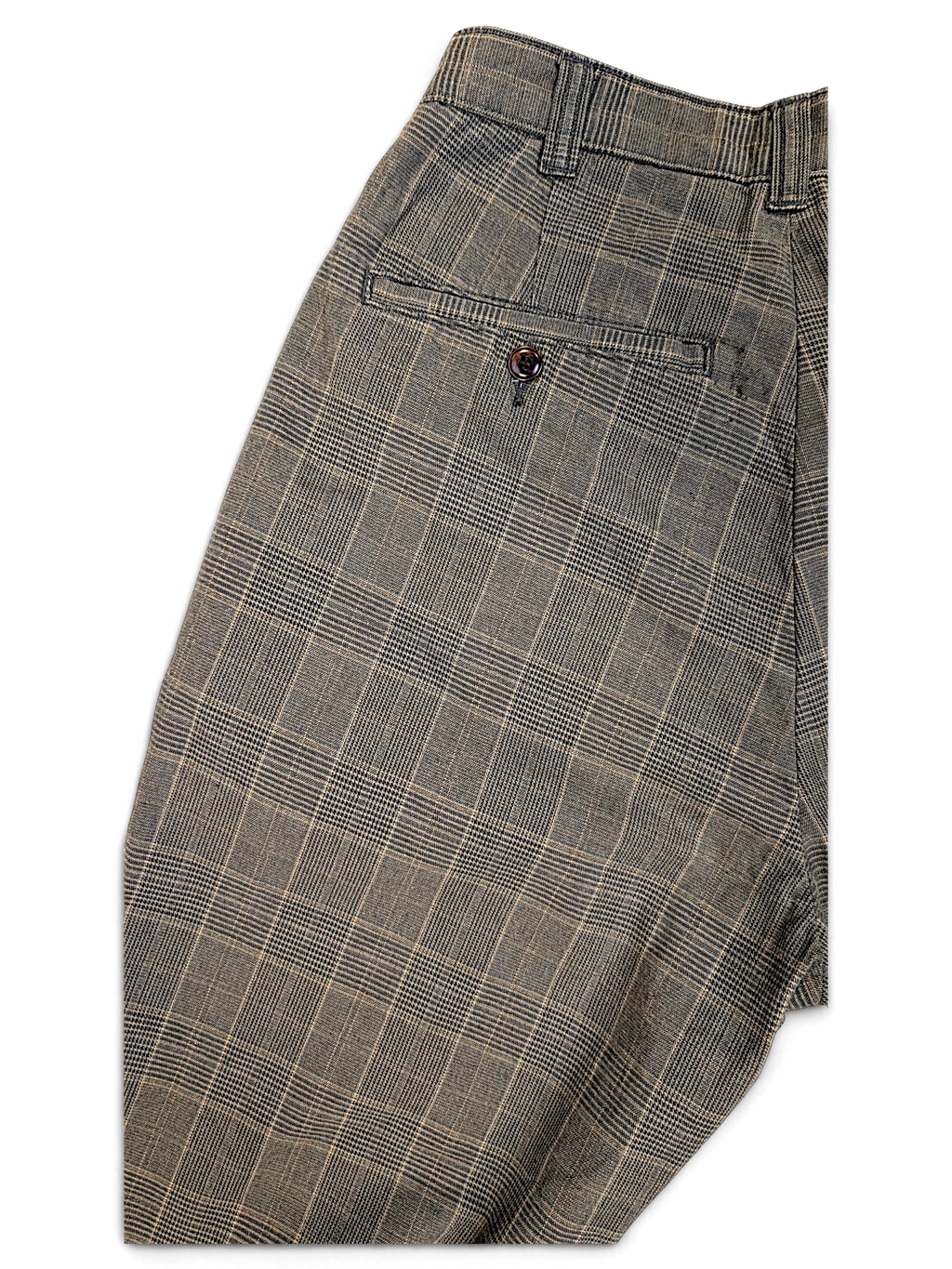 JAKE & IPI pre-owned Dickies grey plaid pleated trousers featuring a classic buttoned back pocket detail.