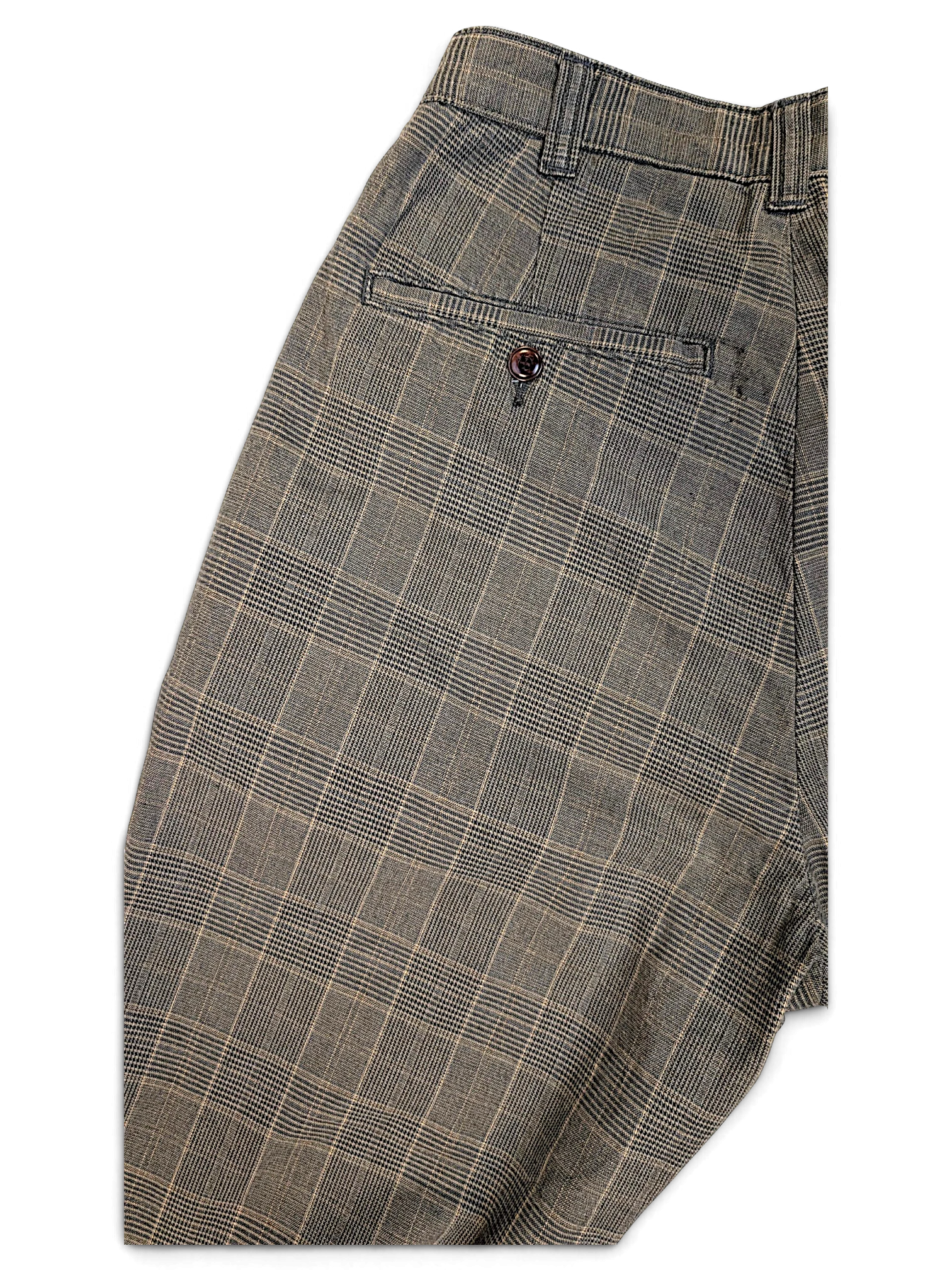 JAKE & IPI pre-owned Dickies grey plaid pleated trousers featuring a classic buttoned back pocket detail.