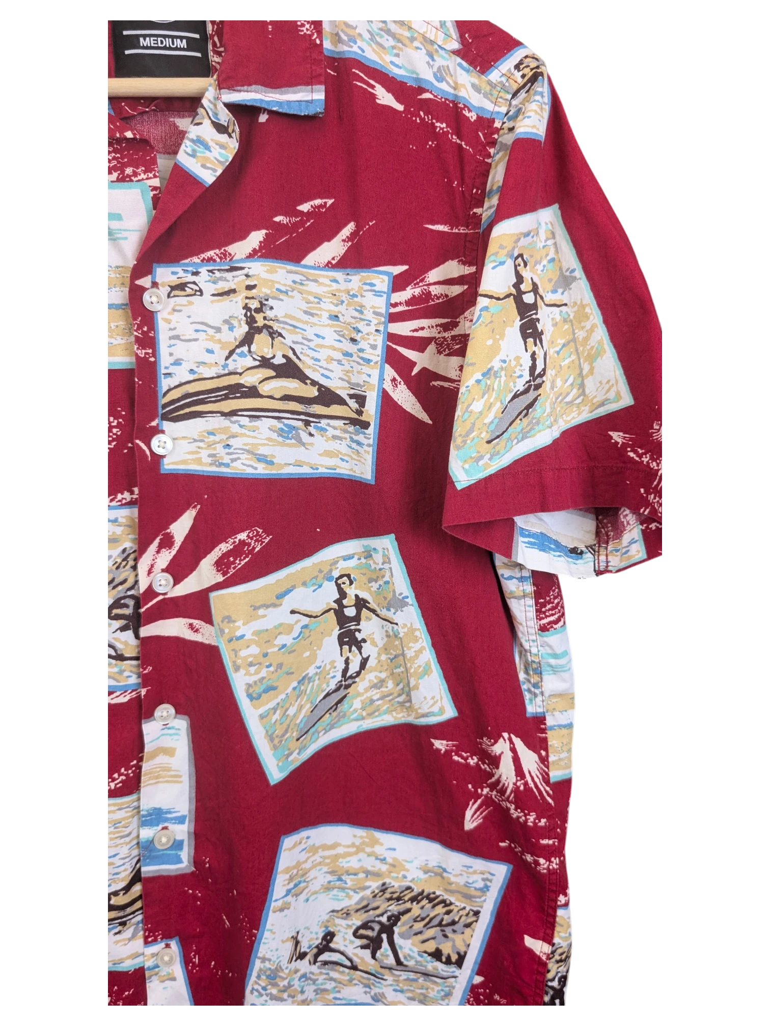 JAKE & IPI Dickies Hawaiian shirt in deep red with vintage surfing graphic print and short sleeves