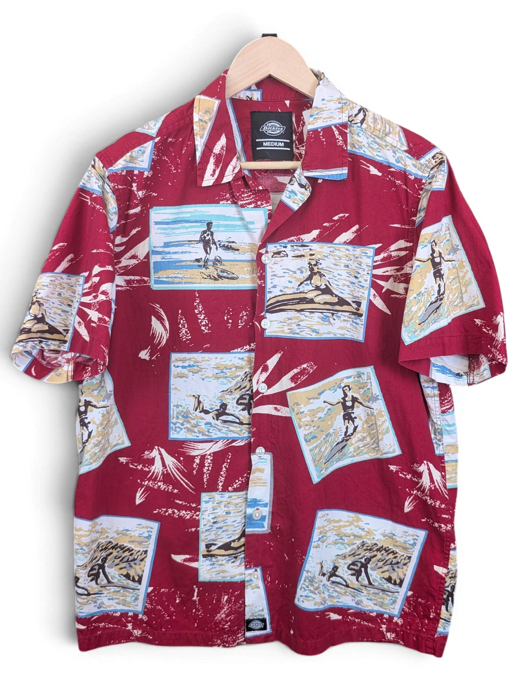 JAKE & IPI Dickies red Hawaiian shirt featuring a vintage surf scene print, short sleeves, and a button-up front.