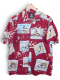 JAKE & IPI Dickies red Hawaiian shirt featuring a vintage surf scene print, short sleeves, and a button-up front.