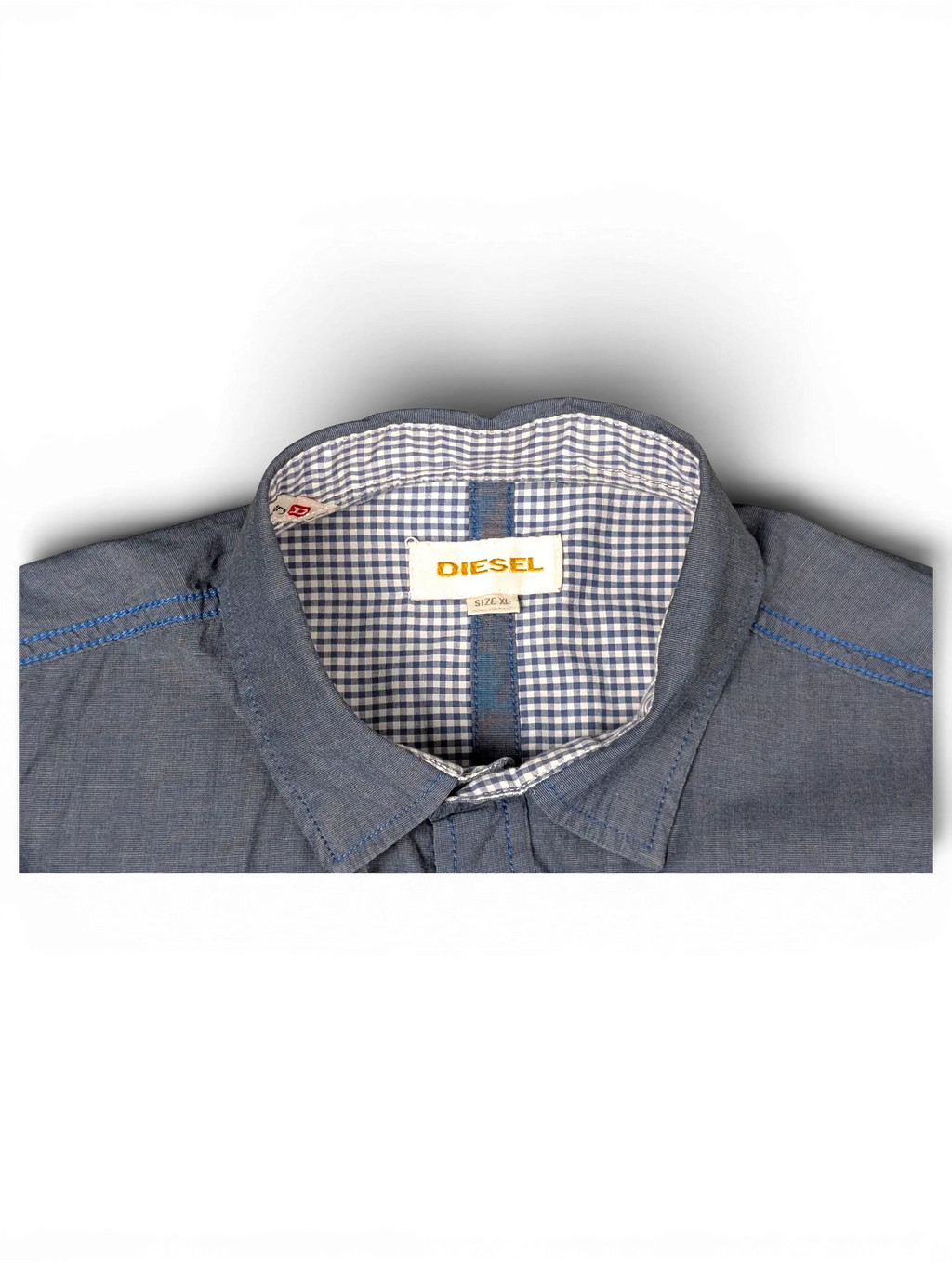 JAKE & IPI pre-owned Diesel charcoal grey short sleeve button-front shirt with a blue and white checked inner collar.