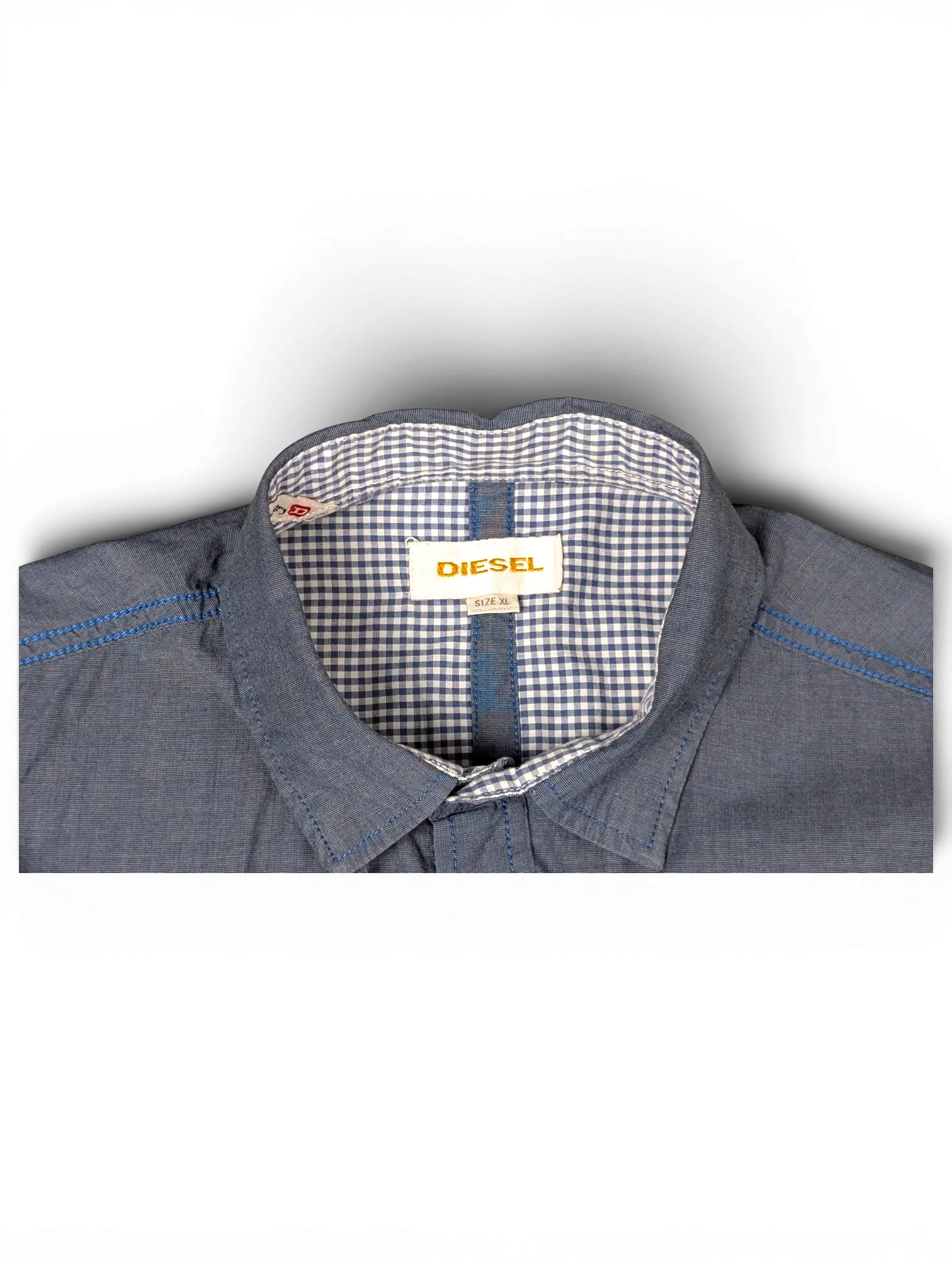 JAKE & IPI pre-owned Diesel charcoal grey short sleeve button-front shirt with a blue and white checked inner collar.