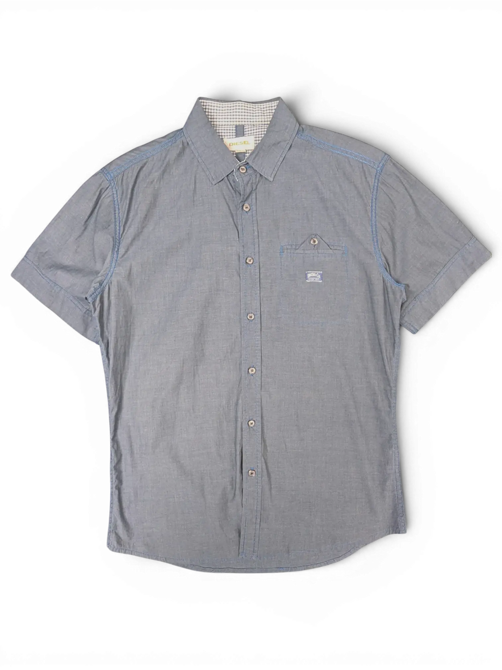 JAKE & IPI pre-owned Diesel charcoal grey short sleeve button-front shirt with chest pocket and checked inner collar