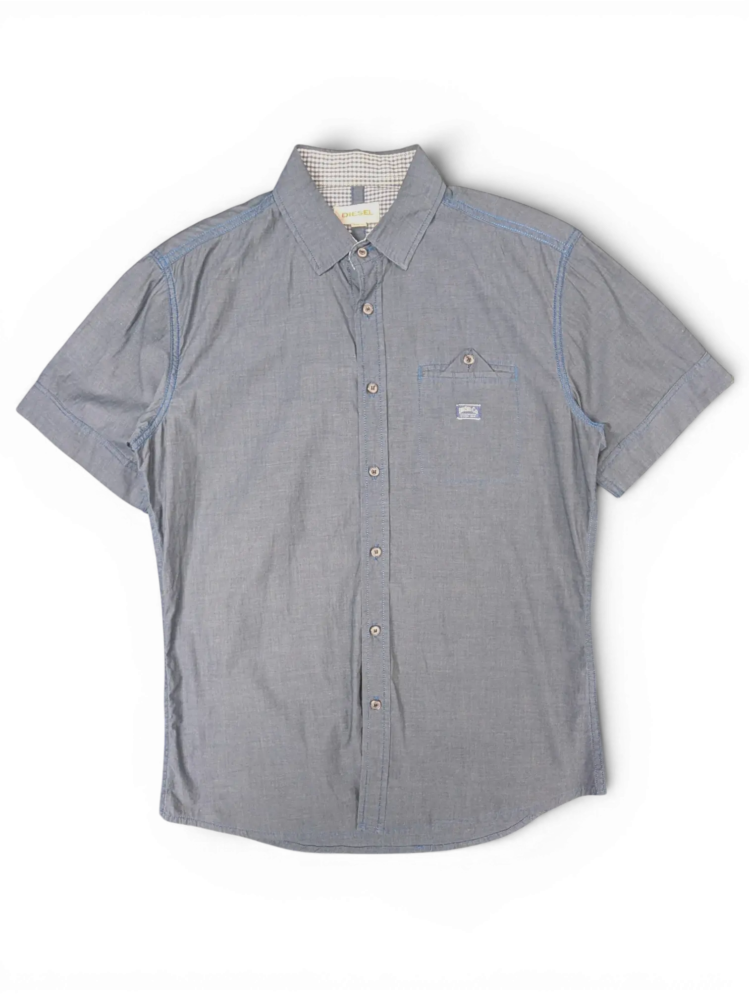 JAKE & IPI pre-owned Diesel charcoal grey short sleeve button-front shirt with chest pocket and checked inner collar