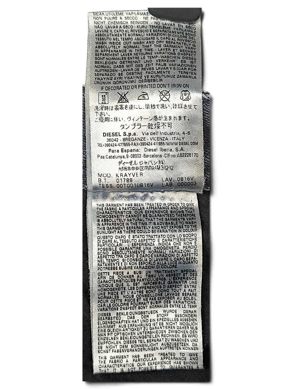 JAKE & IPI Diesel Krayer jeans care label with washing instructions and fabric treatment information in multiple languages.